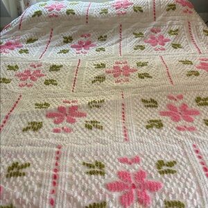 Hand Crafted White Chenille bedspread with Pink Flowers and Green Leaf